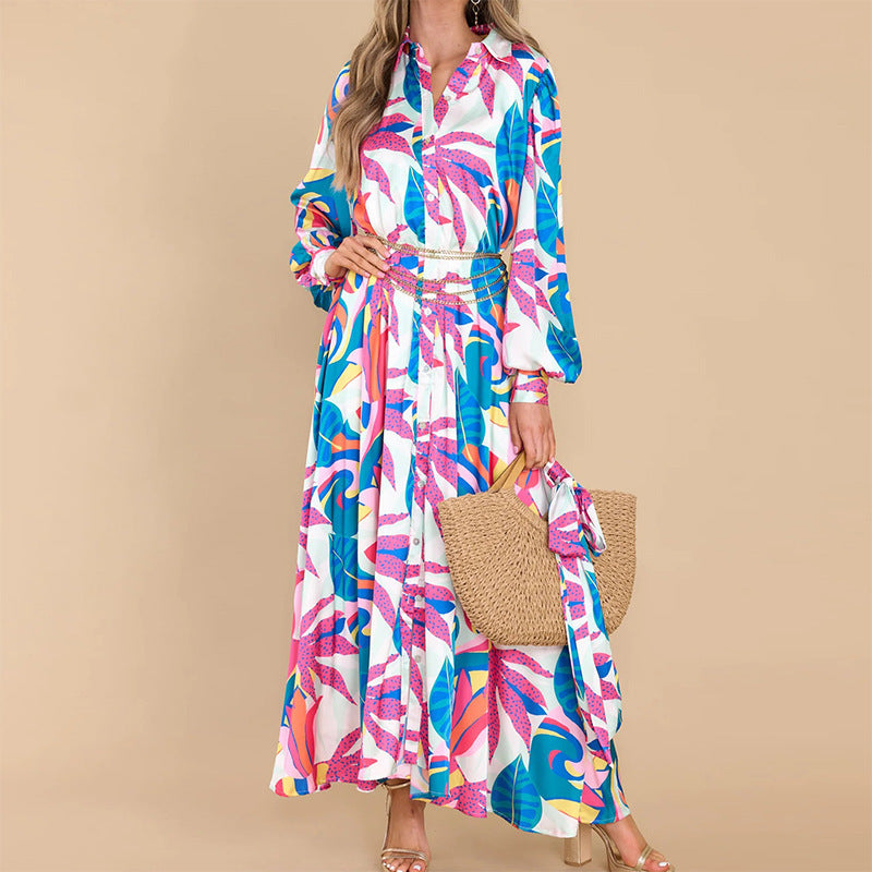 Colorful Printed Long Sleeve Shirt Dress for Women