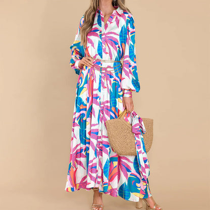 Colorful Printed Long Sleeve Shirt Dress for Women