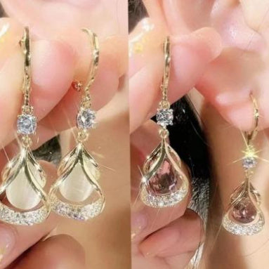 Elegant Opal Drop Earrings with Geometric Design & Diamond Shine