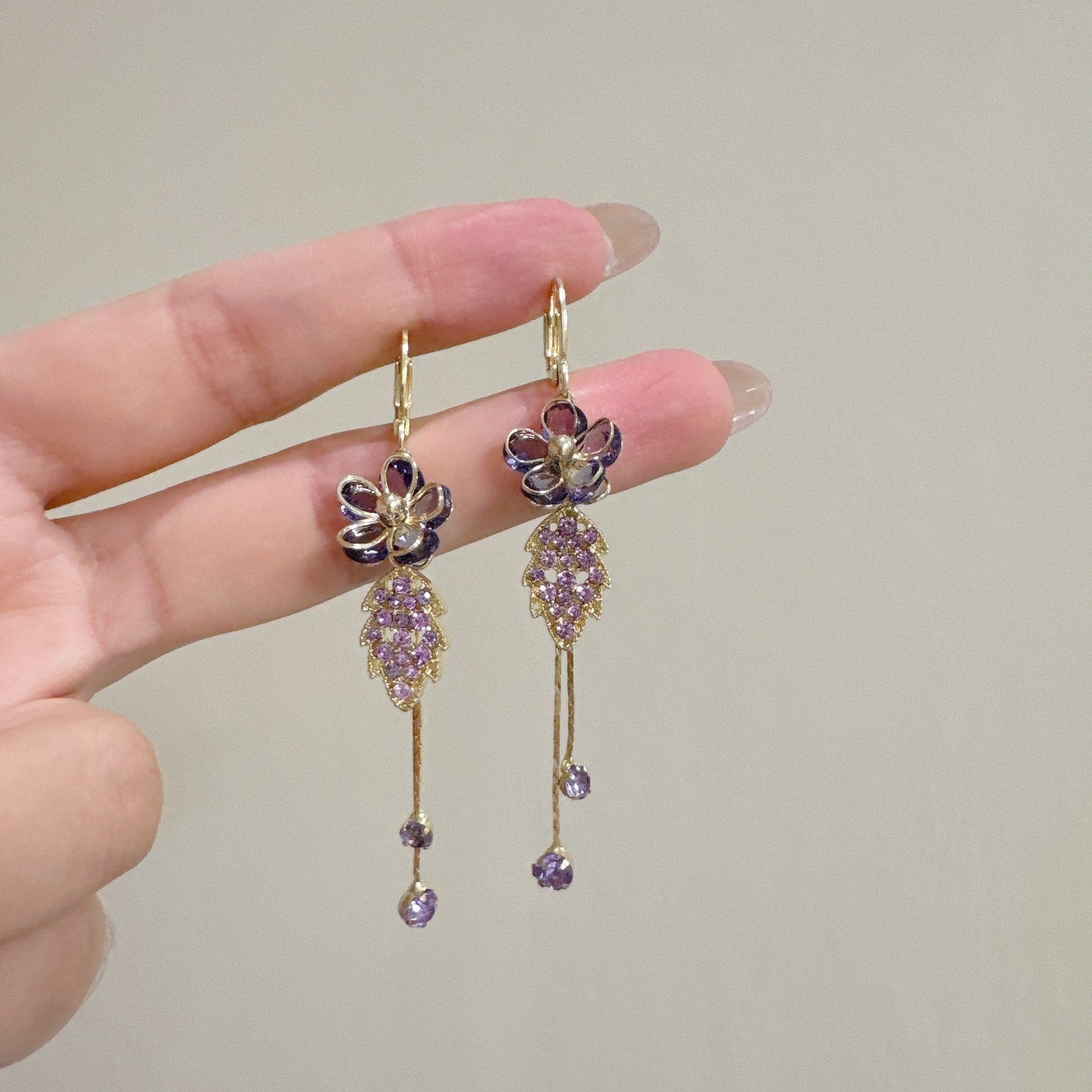New Purple Delicate Flower Leaf Tassel Earrings