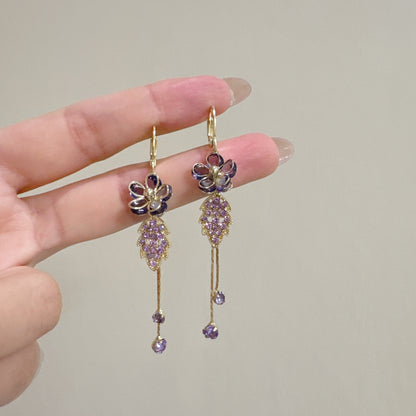 New Purple Delicate Flower Leaf Tassel Earrings