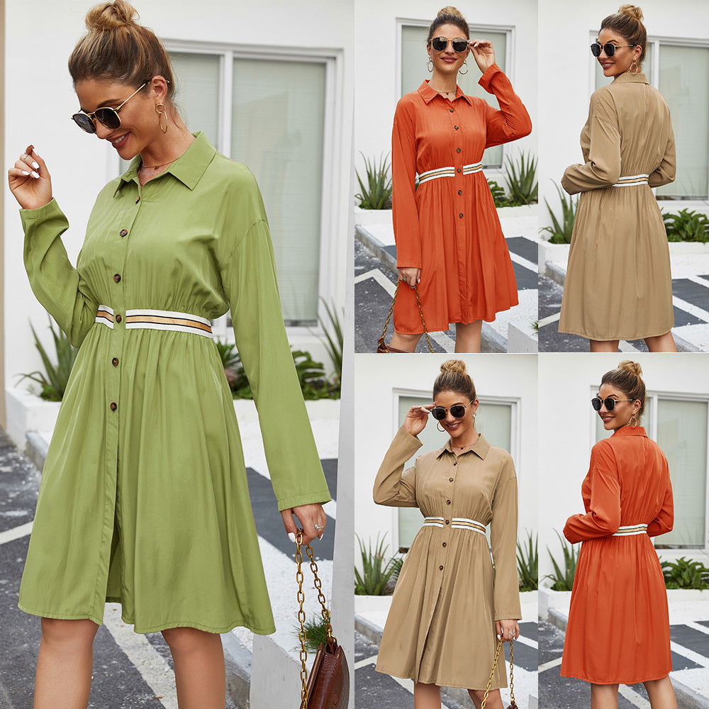 Casual Button-Up Long Sleeve Belted Dress for Women