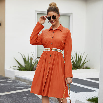 Casual Button-Up Long Sleeve Belted Dress for Women