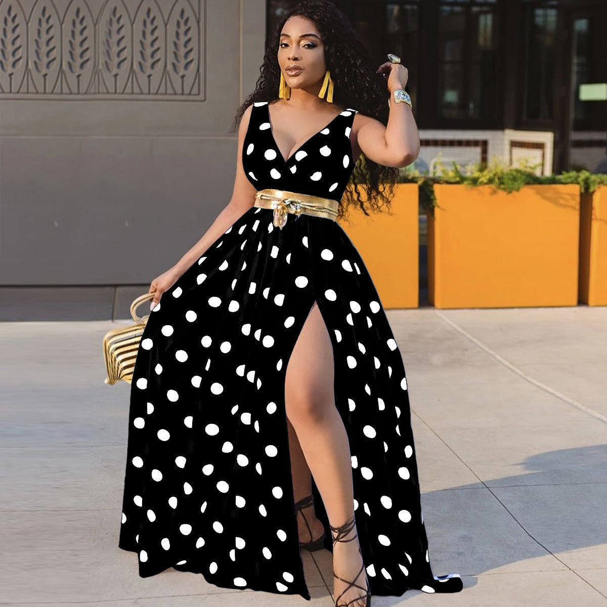 Elegant Plus Size Party Dress with Belt and High Slit