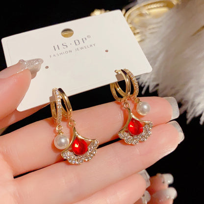Luxury Red Opal Ginkgo Leaf Earrings with Pearl