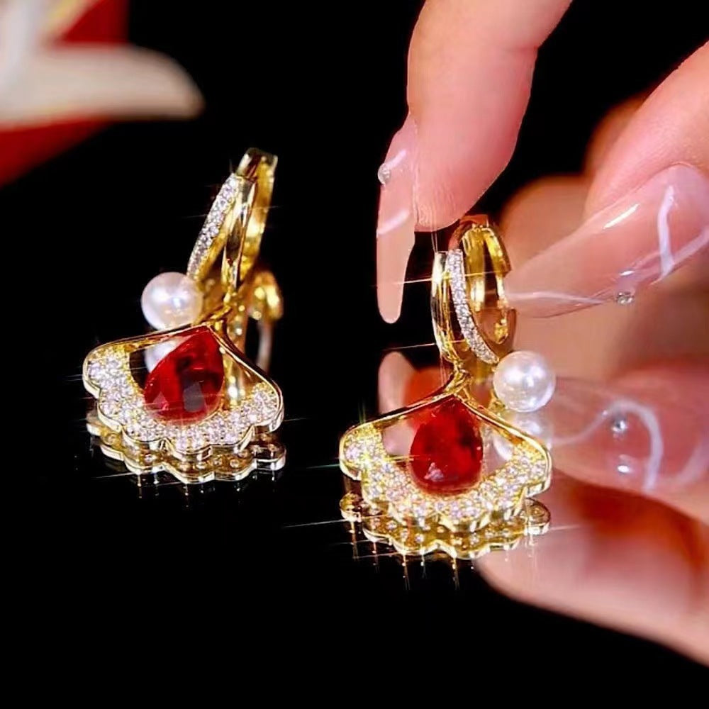 Luxury Red Opal Ginkgo Leaf Earrings with Pearl