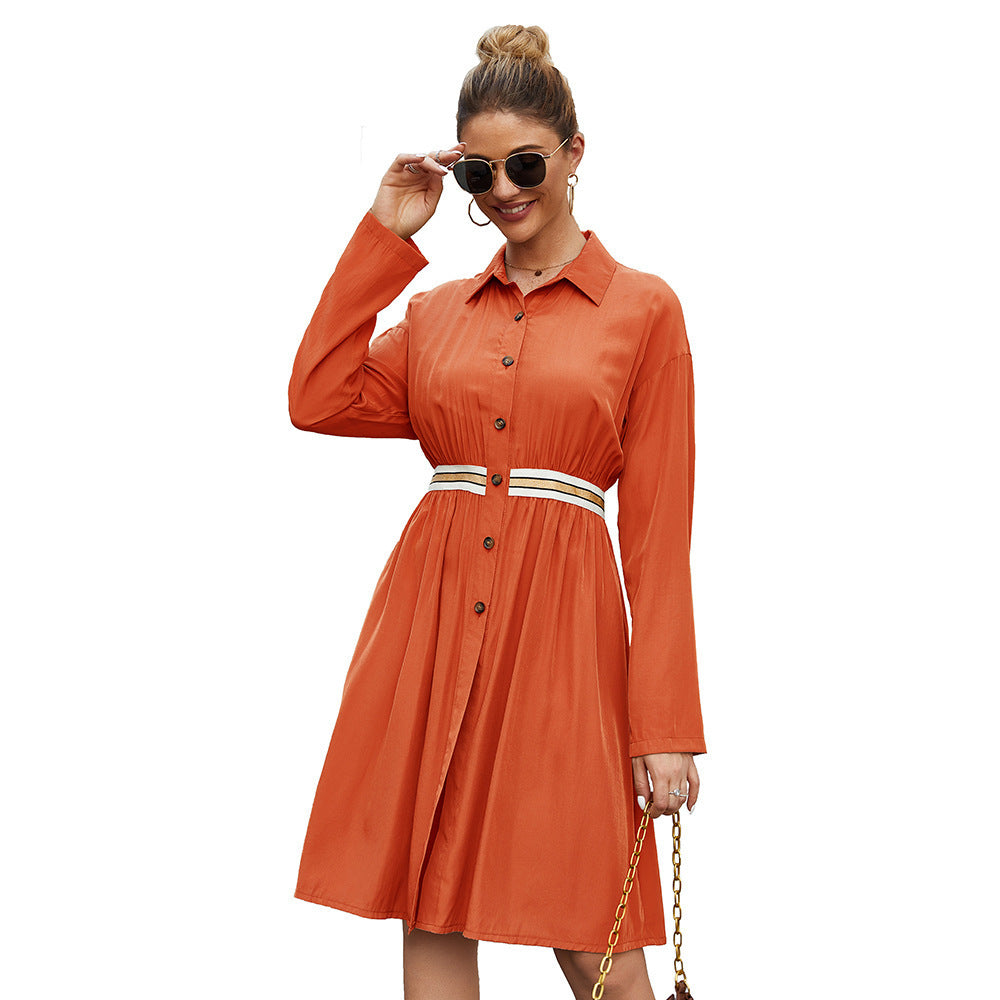 Casual Button-Up Long Sleeve Belted Dress for Women