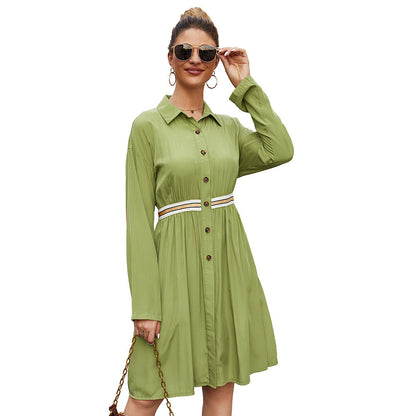 Casual Button-Up Long Sleeve Belted Dress for Women
