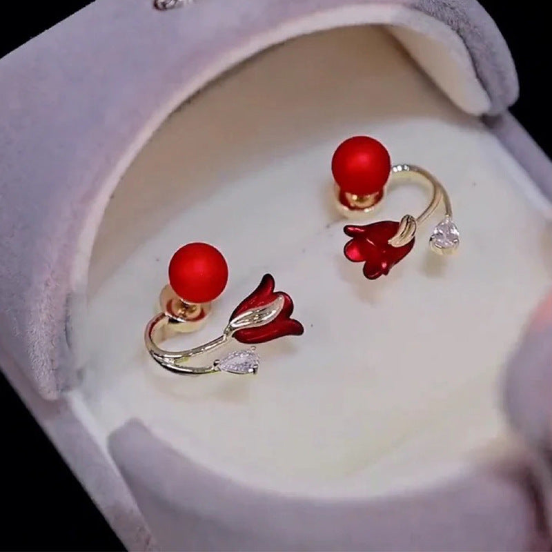 Red Tulip Pearl Earrings for Women