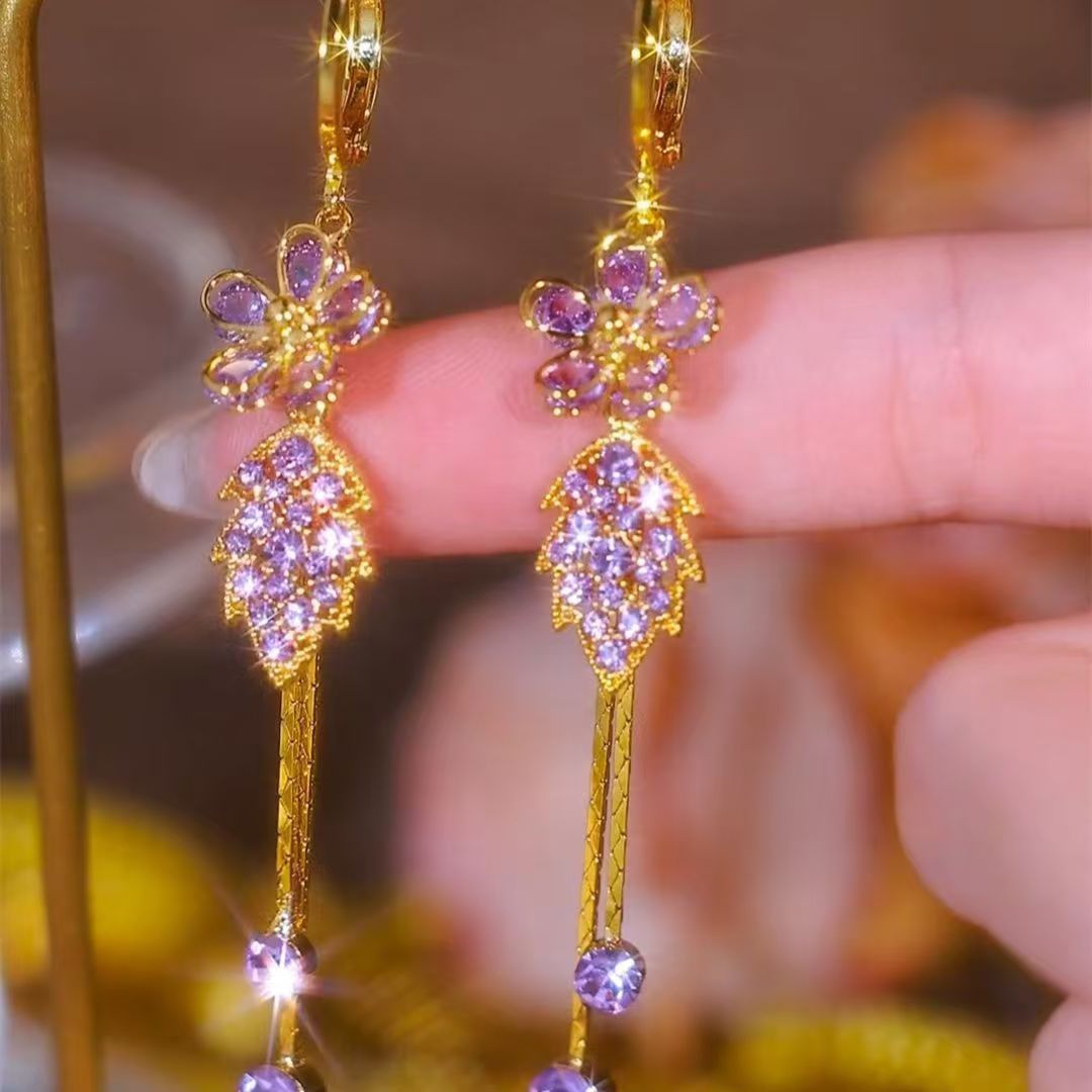 New Purple Delicate Flower Leaf Tassel Earrings