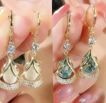 Elegant Opal Drop Earrings with Geometric Design & Diamond Shine