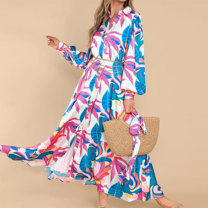 Colorful Printed Long Sleeve Shirt Dress for Women