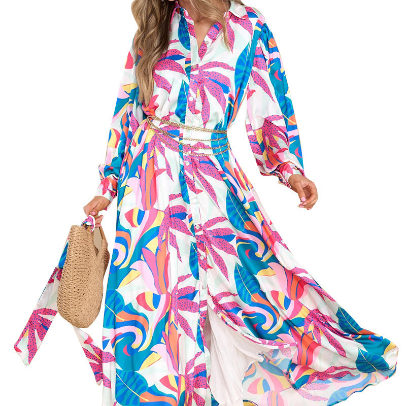 Colorful Printed Long Sleeve Shirt Dress for Women