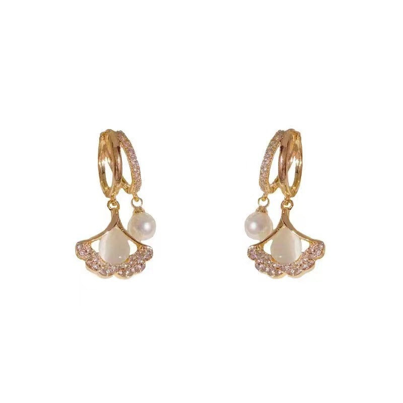 Luxury Red Opal Ginkgo Leaf Earrings with Pearl