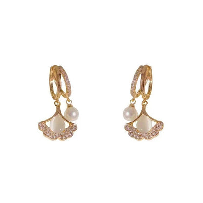 Luxury Red Opal Ginkgo Leaf Earrings with Pearl