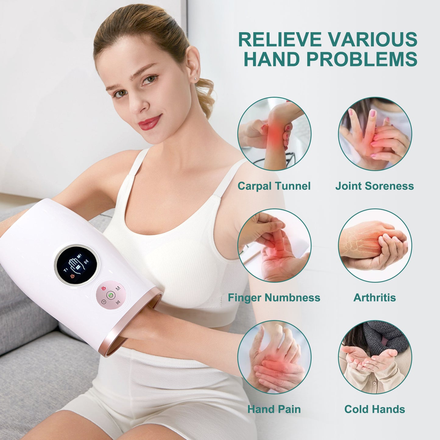 3-Speed Hand Massager With Heat, Air Compression & 30-Min Timer, Portable & Relaxing