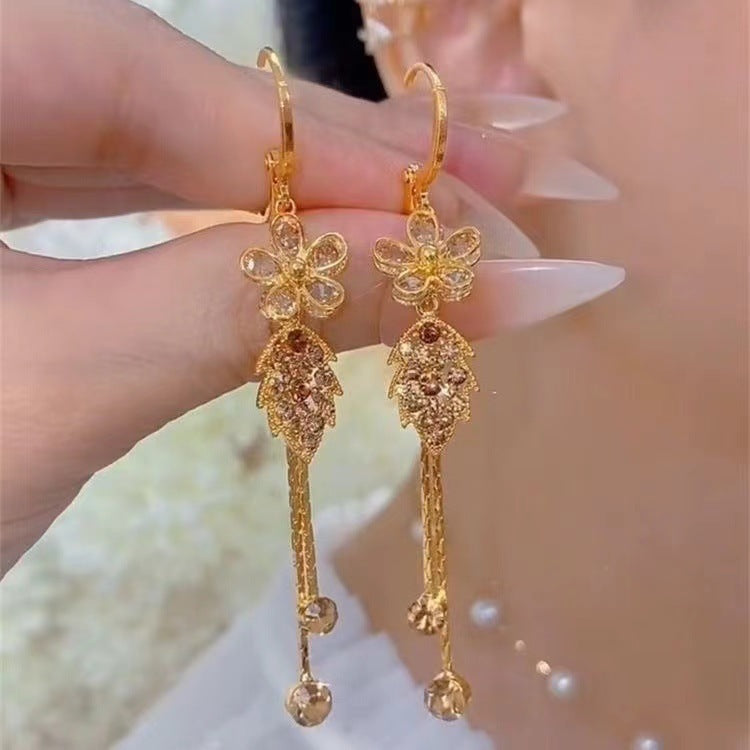 New Purple Delicate Flower Leaf Tassel Earrings