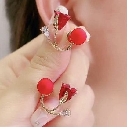 Red Tulip Pearl Earrings for Women